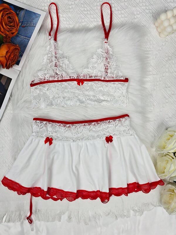 2pcs Women's Sexy Lingerie Set Lace & Satin Splice Sexy Club Outfit Suitable For Home Holiday Party Romantic Occasions