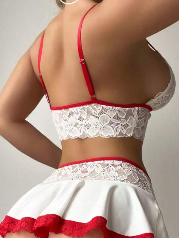 2pcs Women's Sexy Lingerie Set Lace & Satin Splice Sexy Club Outfit Suitable For Home Holiday Party Romantic Occasions