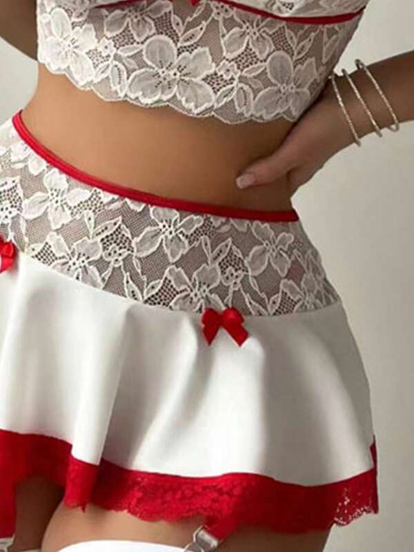 2pcs Women's Sexy Lingerie Set Lace & Satin Splice Sexy Club Outfit Suitable For Home Holiday Party Romantic Occasions