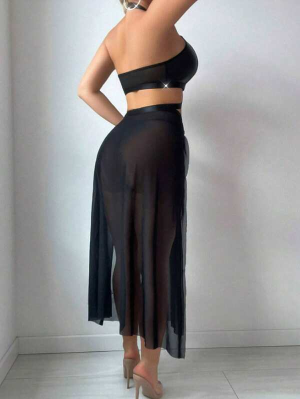 3pcs Women's Black Sexy Patent Leather Metallic Strap Halloween Costume Mesh Slit Maxi Dress Lingerie Set Suitable For Home Private Party Or Nightclub Wear Sexy Lingerie