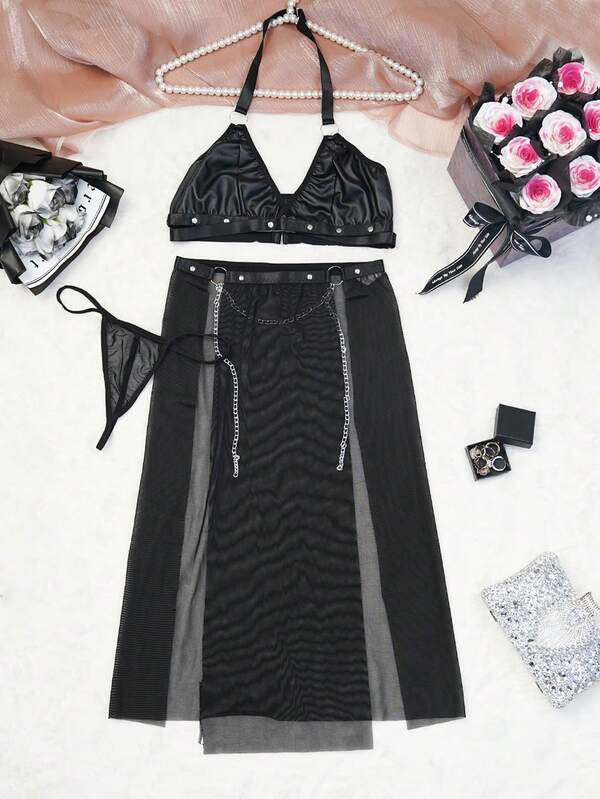 3pcs Women's Black Sexy Patent Leather Metallic Strap Halloween Costume Mesh Slit Maxi Dress Lingerie Set Suitable For Home Private Party Or Nightclub Wear Sexy Lingerie