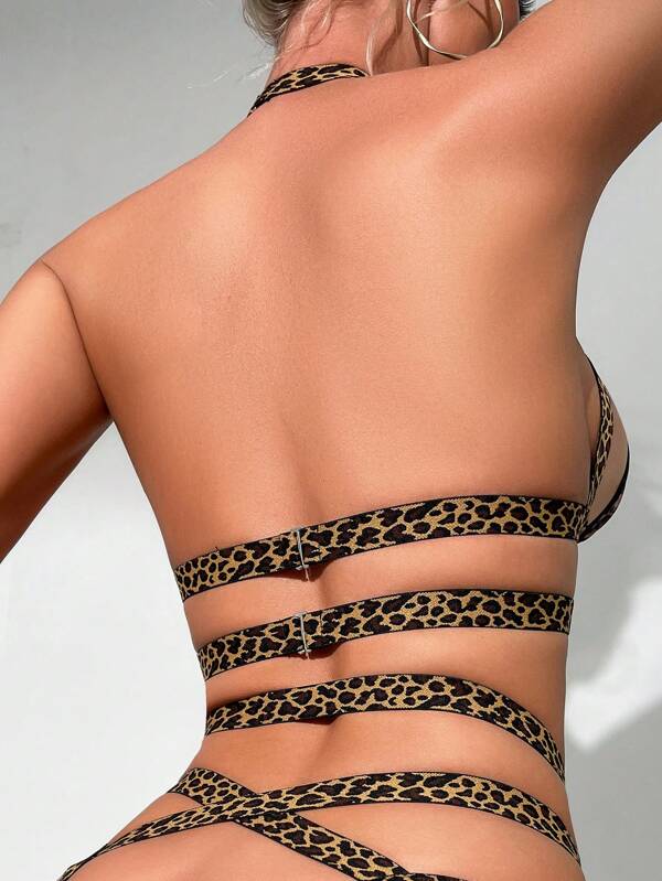 Hollow Out Leopard Print Wrap-Around Sexy Lingerie For Going Out