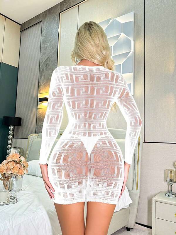 Plus Size Lingerie Hollow Out Cover-Up Sheer Solid Color High Elasticity Lace Dress