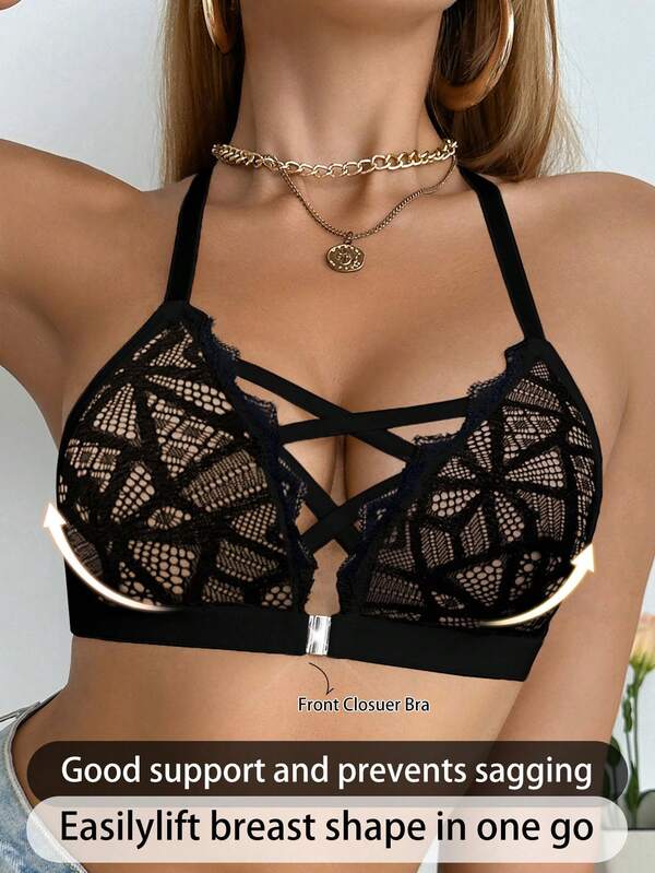 Seduluxe 1pc Lace Front Closure Wireless Bra For Women