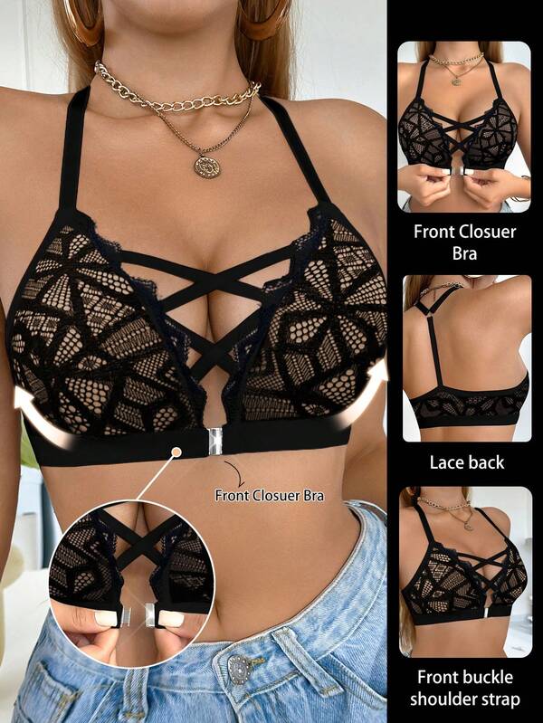 Seduluxe 1pc Lace Front Closure Wireless Bra For Women