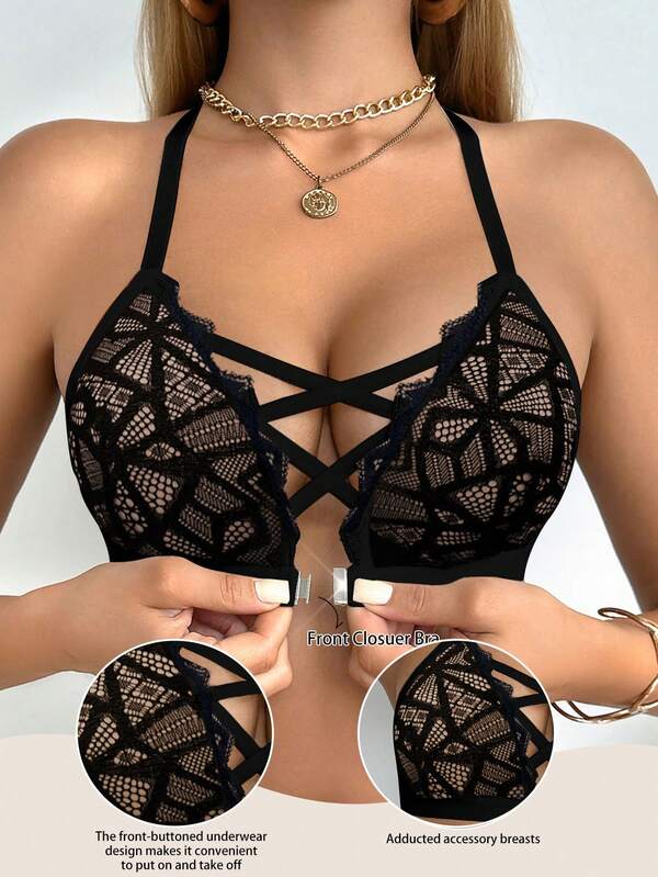 Seduluxe 1pc Lace Front Closure Wireless Bra For Women